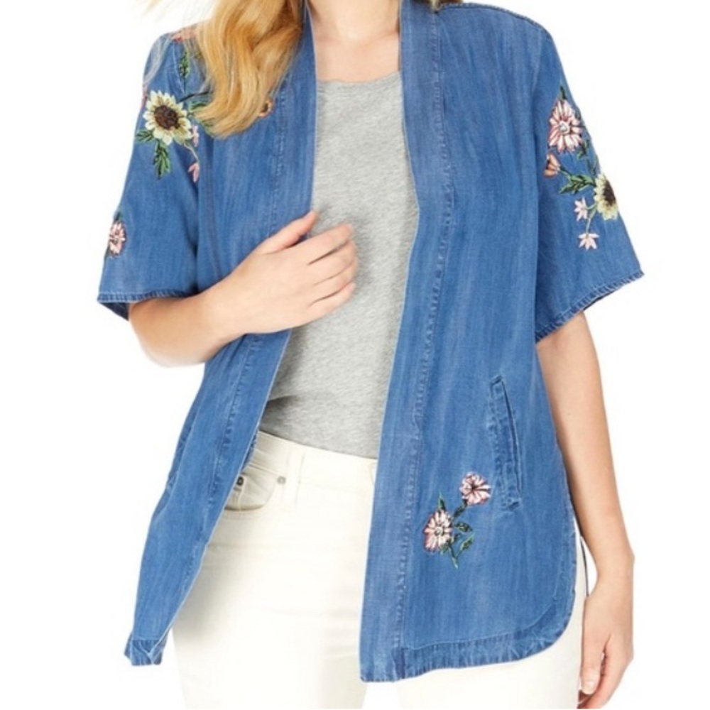 XL Chambray Floral Embroidered Open Front Cardigan Kimono Boho Spring Coastal